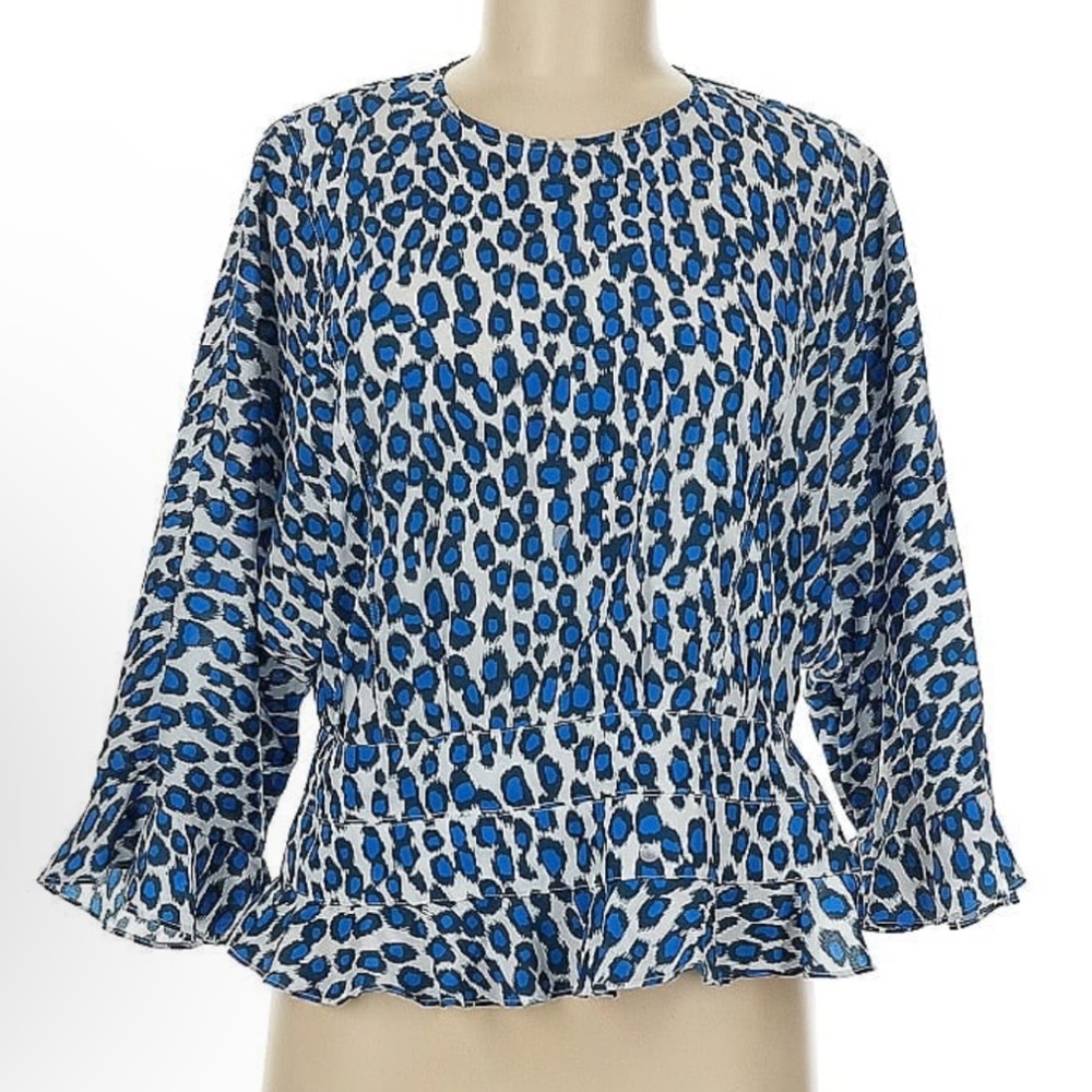 Derek Lam Collective Designer Blue Print Blouse 3/4 Founced Sleeves and Waist